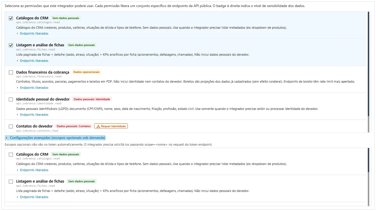 Tela de permissões da API pública, com cinco permissões agrupadas por nível de sensibilidade dos dados e indicadores visuais coloridos