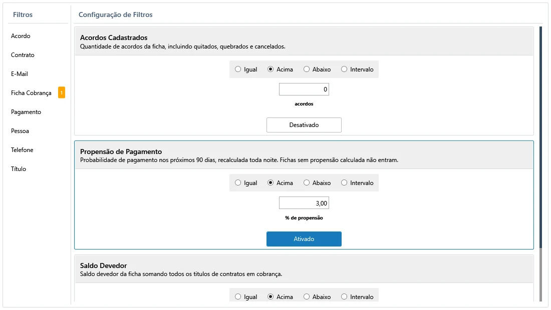 Editor de filtros do lote de cobrança com a entidade Ficha Cobrança selecionada e o filtro Propensão de Pagamento ativado, na condição Acima de 3,00% de propensão