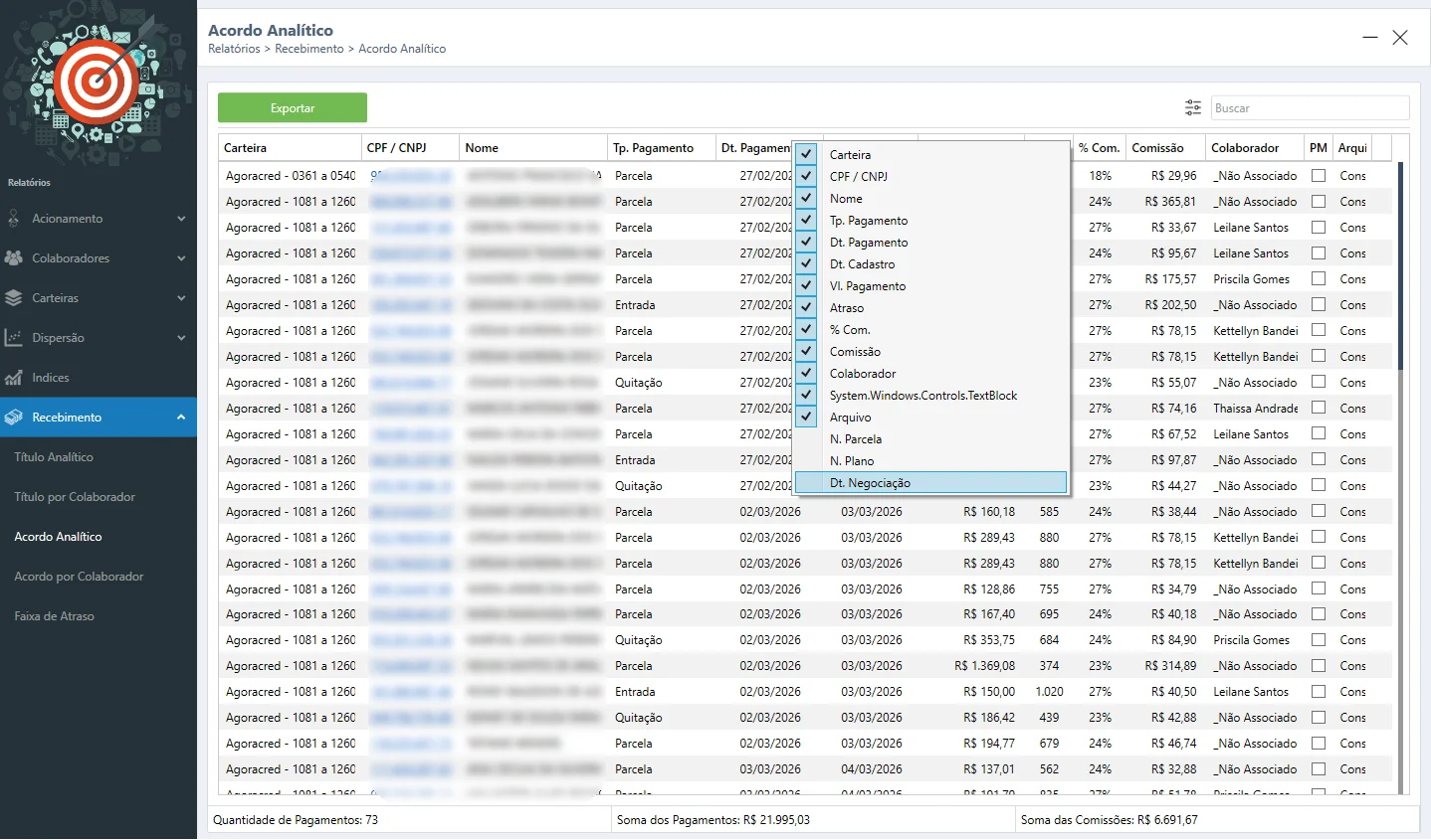 Menu de seleção de colunas no Relatório de Recebimento de Acordos